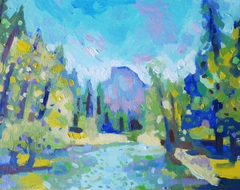 Peinture à l'huile demi-dôme Yosemite sur panneau de bois bercé 8 x 10