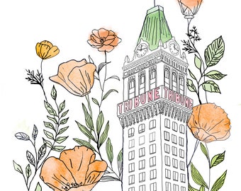 Tribune Tower Oakland Impression 8 x 10 d'un dessin original
