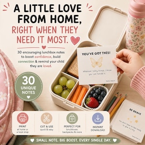 May include: A set of 30 encouraging lunchbox notes featuring text like 'YOU'VE GOT THIS!' with a butterfly illustration and 'BE BRAVE' with stars. The notes are designed for lunchboxes, alongside a bento box with grapes, carrots, and berries.