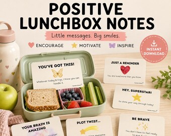 30 bigliettini positivi per la merenda dei bambini, bigliettini stampabili per la merenda, bigliettini di incoraggiamento, bigliettini per la merenda scolastica, download immediato