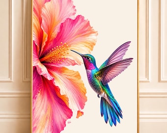 Hummingbird Print | Colorful Floral Wall Art | Tropical Bird Art Print | Botanical Maximalist Wall Art  (Digital Download)