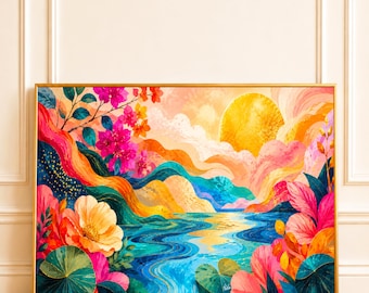 Landscape Art Print | Colorful Abstract Nature Art | Floral River and Sun Wall Decor | Panoramic Printable Wall Art (Digital Download)