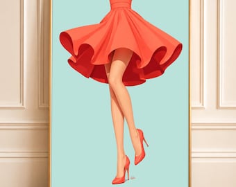 Retro Fashion Wall Art | Elegant Red Dress Illustration | Glamorous Fashion Print | Vanity Art Print | Designer Wall Art (Digital Download)