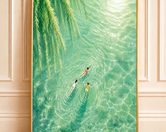 Swimming in Green Abstract Print | Three Girls Swimming Art | Minimalist Green Wall Art | Watercolor Summer Wall Decor (Digital Download)