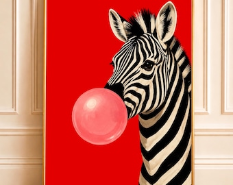 Zebra with Pink Bubble Gum Art Print | Playful Animal Wall Art | Bold Red Maximalist Wall Decor (Digital Download)