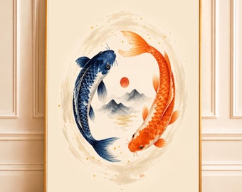 Japanese Koi Fish Art Print | Japandi Decor | Yin Yang Koi | Minimalist Zen Wall Art | Modern Watercolor Art (Digital Download)