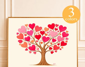 Tree with Heart-Shaped Leaves in Pink and Red | Romantic Botanical Wall Art | Love Tree (Digital Download)