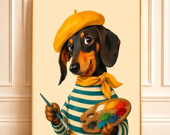 Dog Art Print | Funny Artist Dog with French Beret Illustration | Whimsical Dachshund Art Print | Quirky Animal Wall Art (Digital Download)