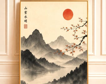 Japanese Landscape Wall Art | Cherry Blossom Art Print | Japandi Wall Art | Japanese Ink Painting | Minimalist Zen Wall Art Digital Download