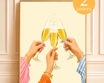 Champagne Wall Art | Cocktail Toast Print | Colorful Drink Illustration | Cheers Art Print | Girls Night Bar Cart Decor (Digital Download)