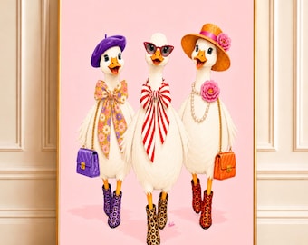 Fashion Goose Art Print | Funny Goose Wall Art | Colorful Fashion Animal Art | Quirky Maximalist Decor (Digital Download)