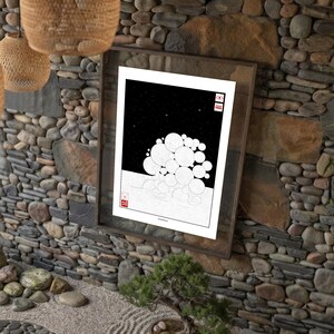 Poster digitale stampabile | Notte stellata su bolle nel mare | Arte minimalista bianco e nero