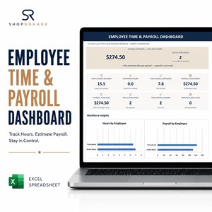 Op de afbeelding: Een laptopscherm met een Excel-spreadsheet voor een Employee Time & Payroll Dashboard. De interface toont gegevens voor 15,5 gewerkte uren, een loonschatting van $274,50 en inzichten in het personeelsbestand met staafdiagrammen voor uren.