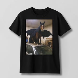 Peut inclure: Un t-shirt noir à manches courtes avec une impression graphique représentant un cheval brun portant une capuche noire et de grandes ailes de chauve-souris noires, debout sur le toit d'une voiture argentée dans un garage avec des structures en bois.