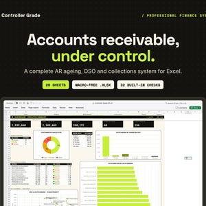 Puede incluir: Un panel de control digital para Excel titulado Controller Grade, con el texto Accounts receivable, under control. La interfaz muestra datos financieros, incluyendo un resumen ejecutivo, gráficos circulares y de barras en negro, blanco y verde lima.