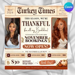 Puede incluir: Un folleto promocional titulado Turkey Times para noviembre de 2024 con dos retratos de personas con diferentes colores de cabello, texto que anuncia que las reservas de noviembre están abiertas, un menú de belleza y calabazas.