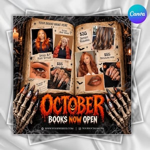Puede incluir: Un folleto promocional de Halloween con un libro abierto que muestra fotos de peinados, uñas y maquillaje. El texto incluye "October Books Now Open", "$20 Deposit Required", "$55 Full Set" y "$55 Brazilian Wax". Manos de esqueleto enmarcan la base.