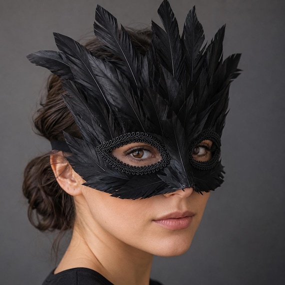 Black Feather Masquerade Mask, Raven Halloween Costume Eye Mask for Cosplay