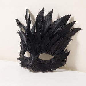 May include: A black mask covered in layered feathers with a pointed shape extending upwards. The eye openings are outlined with a decorative black braided trim, and the entire surface is densely textured with dark, overlapping plumage.