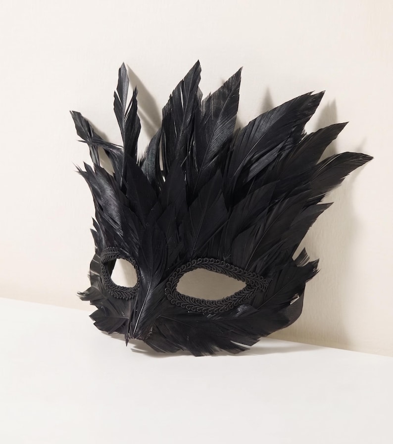 May include: A black mask covered in layered feathers with a pointed shape extending upwards. The eye openings are outlined with a decorative black braided trim, and the entire surface is densely textured with dark, overlapping plumage.