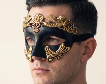 Men's Roman Warrior Masquerade Mask - Black Gold Venetian Half Face Party Costume Accessory