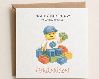 Personalised Lego Theme Birthday Card for Son, Grandson, Brother etc