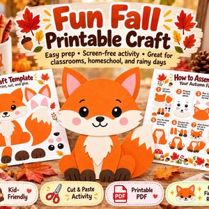 Può includere: Un kit di bricolage stampabile a tema volpe che include un modello, istruzioni di montaggio e un modello di volpe in carta finito. Il testo recita Fun Fall Printable Craft, Craft Template e How to Assemble Your Autumn Fox.