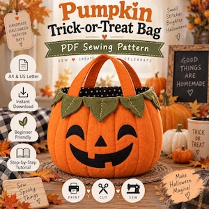 Può includere: Un cartamodello PDF per una borsa porta dolcetti a forma di zucca, realizzata in tessuto arancione brillante con un volto di jack-o'-lantern in feltro nero e un bordo di foglie verdi. La borsa ha due manici arancioni e una fodera a pois.