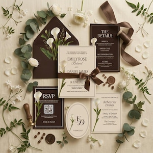 May include: A wedding invitation suite featuring dark brown and cream stationery with calla lily illustrations. The set includes a main invitation tied with a brown satin ribbon, an RSVP card with a QR code, a details card, and a rehearsal dinner card.