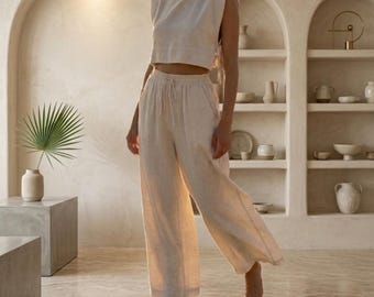 Linen Two Piece Set, Sleeveless Crop Top Wide Leg Pants, Boho Loungewear