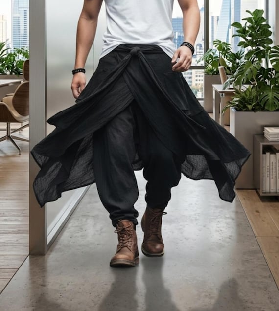 Men's Layered Wrap Harem Pants, Asymmetric Tie-Waist, Boho Tribal Festival Wear
