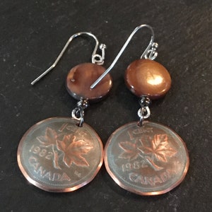 1982 Canadian Lucky Penny Earrings  ** Maple Leaf  **DISCONTINUED COPPER PENNIES**