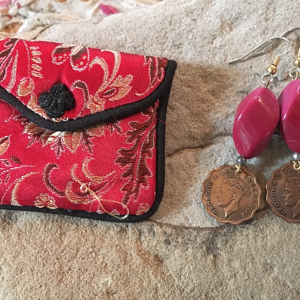 Coin Earrings with vintage beads and small silk purse...COPPER... 1940's... one of a kind.