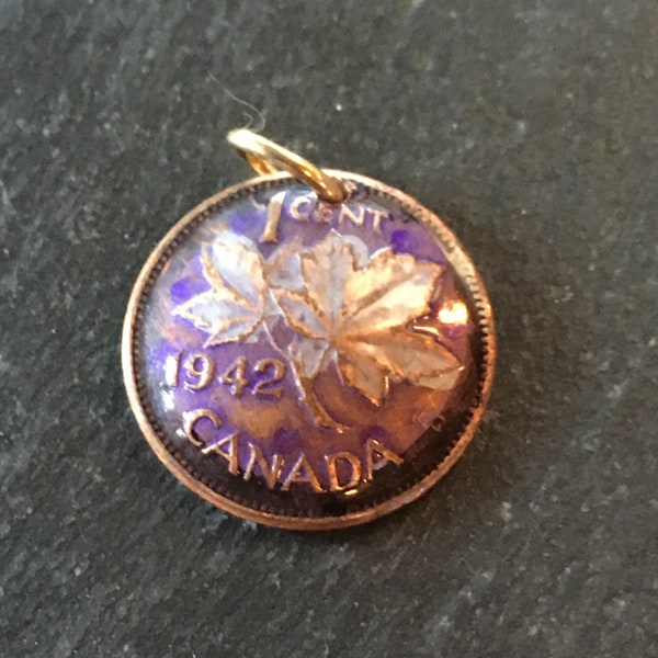 1942 Anniversary Canadian Maple Leaf Lucky Penny Pendant using a DISCONTINUED COPPER PENNY each pendant comes with black waxed cotton cord