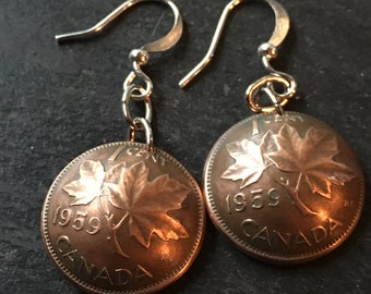 1959 Canadian Maple Leaf Penny Earrings  **DISCONTINUED COPPER PENNIES** Lucky Pennies