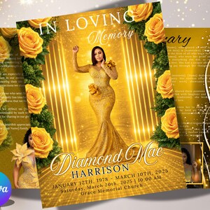 May include: A funeral program template featuring a gold background with yellow roses, a central image of a person in a gold gown, and the text IN LOVING MEMORY, Diamond Mae HARRISON, JANUARY 12TH, 1978 – MARCH 10TH, 2025, and Grace Memorial Church.
