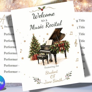 May include: A white music recital program template featuring a black grand piano, a decorated Christmas tree with gifts, and gold musical notes. The text reads Welcome to a Music Recital, Featuring the Student Of Jane Simth, with lines for performers.