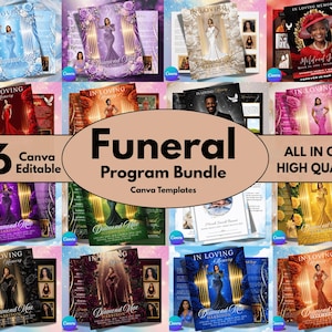 Op de afbeelding: Een verzameling van 16 bewerkbare uitvaartprogramma-sjablonen met diverse kleurthema's, florale accenten en gouden zuilenachtergronden. Elk sjabloon bevat tijdelijke aanduidingen voor foto's, de tekst In Loving Memory en namen.