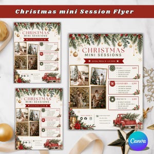 Puede incluir: Una plantilla de folleto para mini sesiones navideñas con una guía de precios de 2026 y tres paquetes de fotografía. El diseño incluye ramas de pino festivas, adornos, un camión rojo y cuatro espacios para colocar fotografías.