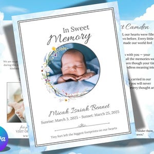 May include: A memorial card featuring a circular photo of a sleeping infant surrounded by a floral wreath. The text reads In Sweet Memory, Micah Isaiah Bennet, Sunrise: March 3, 2025 - Sunset: March 25, 2025, and Tiny feet left the biggest footprints on our hearts.