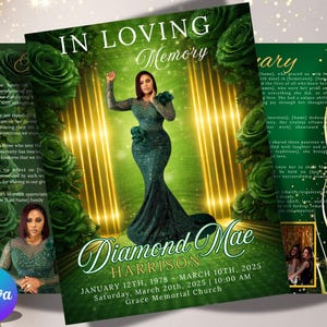 May include: A funeral program template featuring a green background with dark green roses, gold light beams, and text reading In Loving Memory, Diamond Mae Harrison, January 12th, 1978 - March 10th, 2025, Saturday, March 20th, 2025, 10:00 AM, Grace Memorial Church.