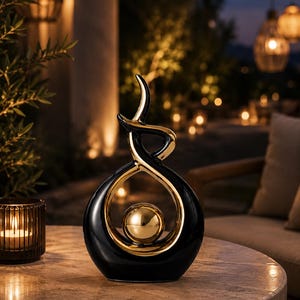 May include: A decorative sculpture featuring a glossy black exterior and a reflective gold interior. The abstract design consists of a circular base with a central gold sphere and an upward-curving, flame-like top section that twists into a point.