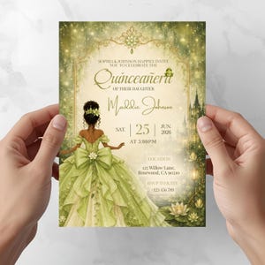 Quinceañera Tiana Invitation | Princess and the Frog Sweet 16 Printable Invite | Enchanted Olive Green forest | Fairytale Quinceanera invite
