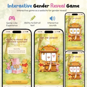May include: An interactive gender reveal website game featuring Winnie the Pooh characters. The interface displays a slot machine theme with text including 'Interactive Gender Reveal Game', 'Spin the jackpot', 'He or She?', 'It's a Boy!', and 'It's a Girl!' on mobile screens.