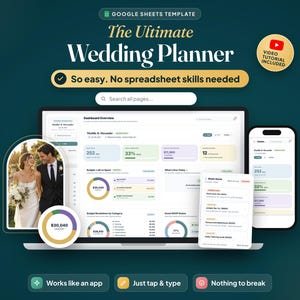 May include: A Google Sheets template titled The Ultimate Wedding Planner featuring a dashboard overview with budget charts, guest RSVP status, and task alerts displayed on a laptop screen, a smartphone, and a small card, with a photo of a couple.