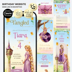 May include: A digital birthday website template featuring a Tangled theme with a Rapunzel character, a tall tower, floating lanterns, and customizable text fields for event details, RSVP forms, and a gift registry, all presented in a mobile interface.