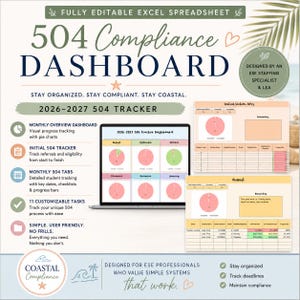 Könnte beinhalten: Eine digitale Excel-Tabelle für ein 504-Compliance-Dashboard für 2026-2027. Das Layout zeigt einen Laptop-Bildschirm mit monatlichen Fortschrittsdiagrammen sowie detaillierte Tracking-Tabellen mit Kreisdiagrammen, Schülerdaten und Aufgabenlisten.