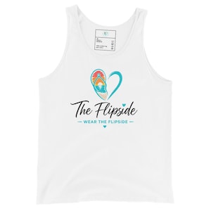 May include: A white sleeveless tank top featuring a graphic of a flip-flop shaped like a heart with a sunset beach scene inside. Below the graphic, the text reads The Flipside and WEAR THE FLIPSIDE in black and teal, accented by small hearts.