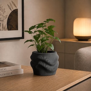 May include: A dark gray plant pot with a textured, wavy, vertical ribbed surface. The pot contains a green leafy plant with heart-shaped foliage. The exterior of the container features a repeating pattern of deep, undulating grooves.