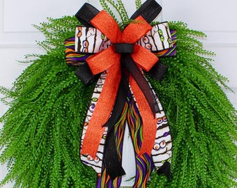 Mummy Halloween Wreath Bow, Monster Eyes Lantern Topper, Orange Glitter Ribbon
